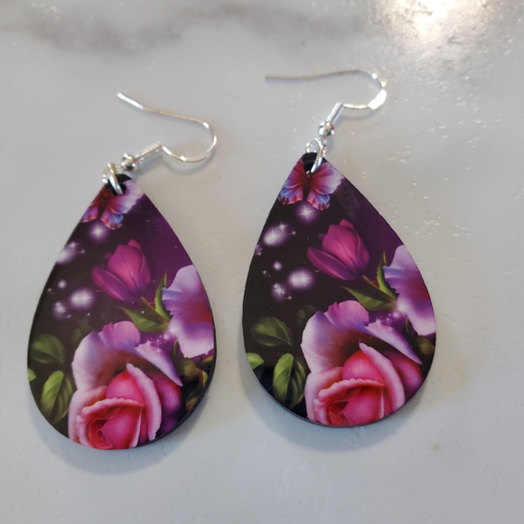 Pink Butterfly & Flowers Teardrop Earrings - Picture 6 of 12